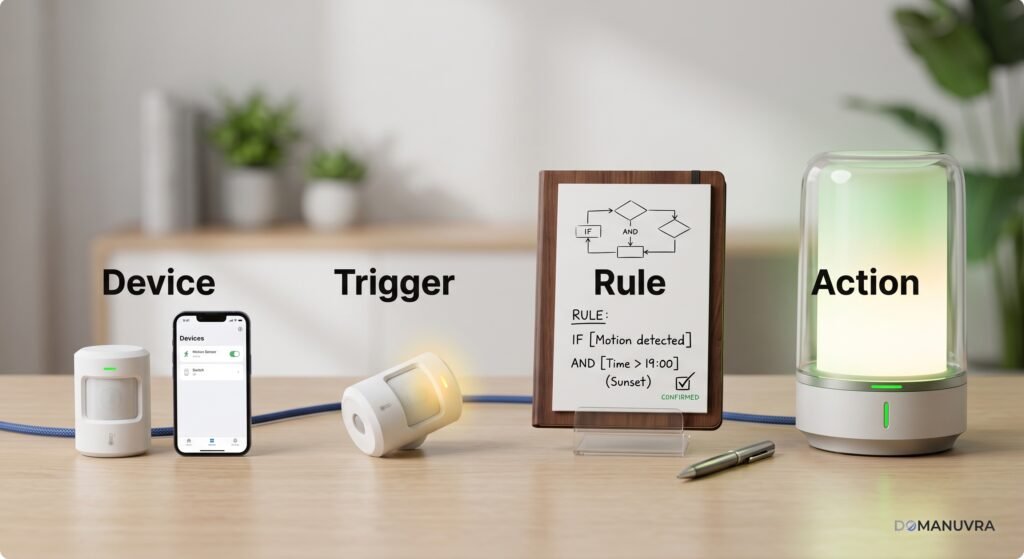 Real smart home devices placed on a desk showing the 4-step home automation sequence: Device, Trigger, Rule, and Action.
