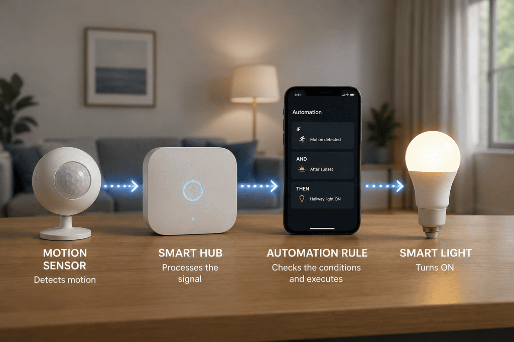 DIY home automation controller setup connecting smart sensors and hubs for local control