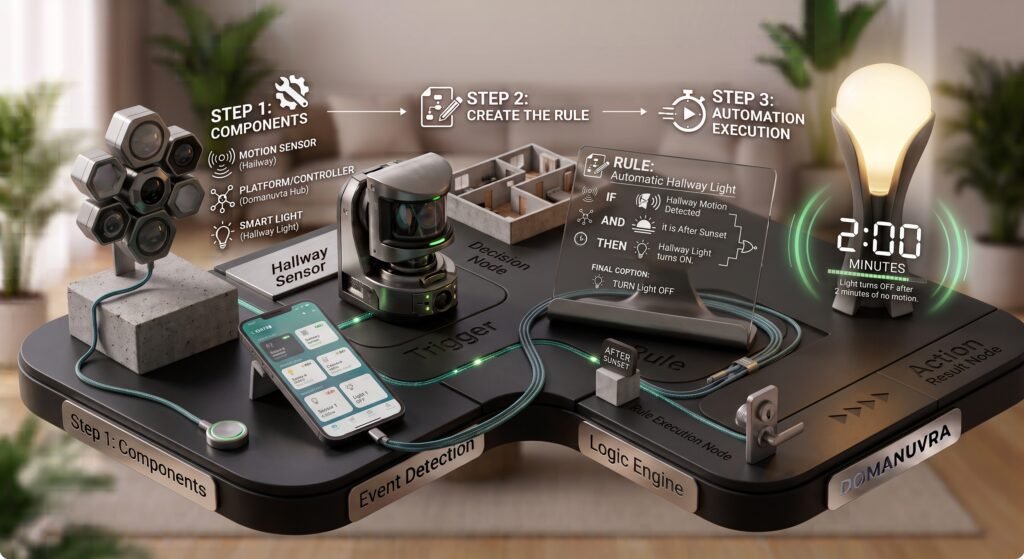 A detailed smart home automation setup on a wooden table, showing a sensor matrix, trigger hub, and light action rule