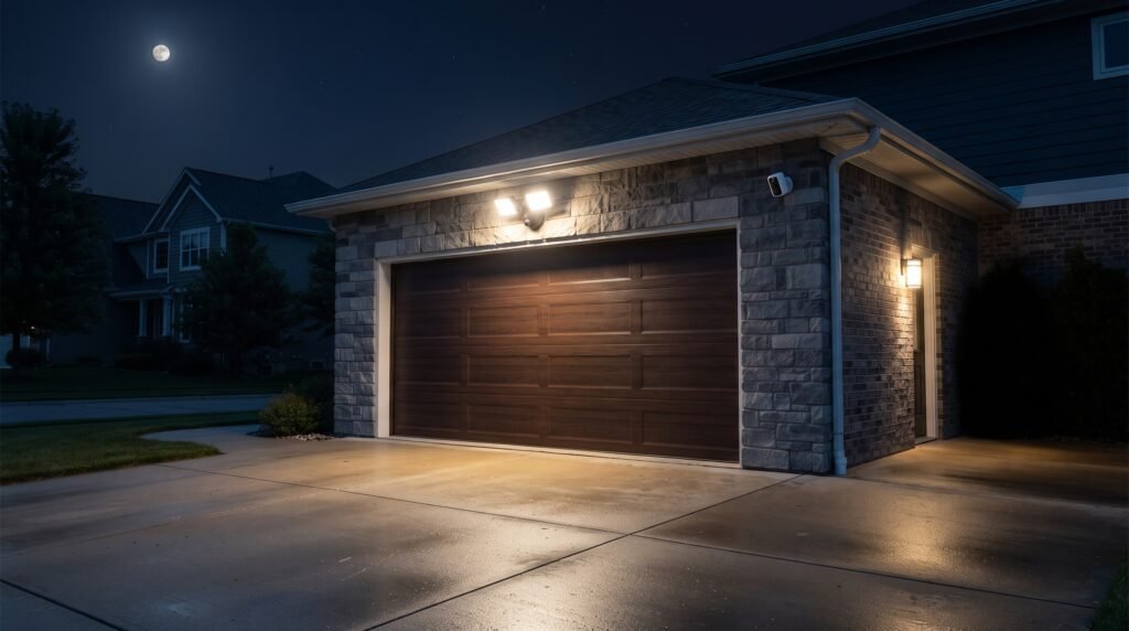 How to secure garage door with motion-activated security lighting and camera