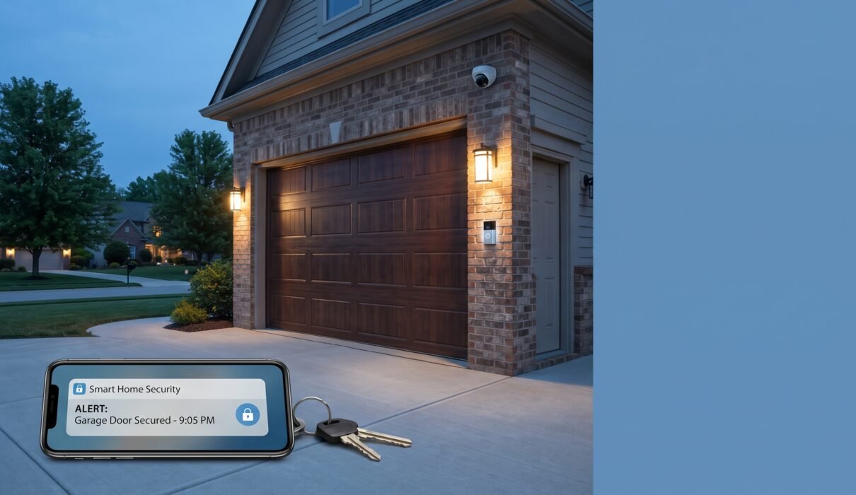 Garage door security with smart garage opener, lighting, and security camera