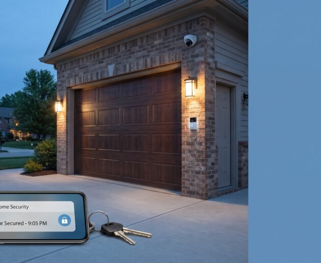 Garage door security with smart garage opener, lighting, and security camera
