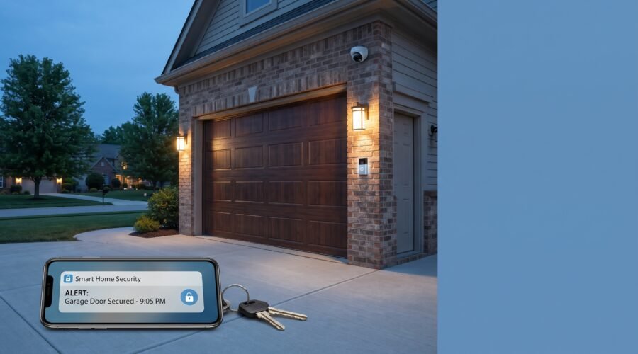 Garage door security with smart garage opener, lighting, and security camera