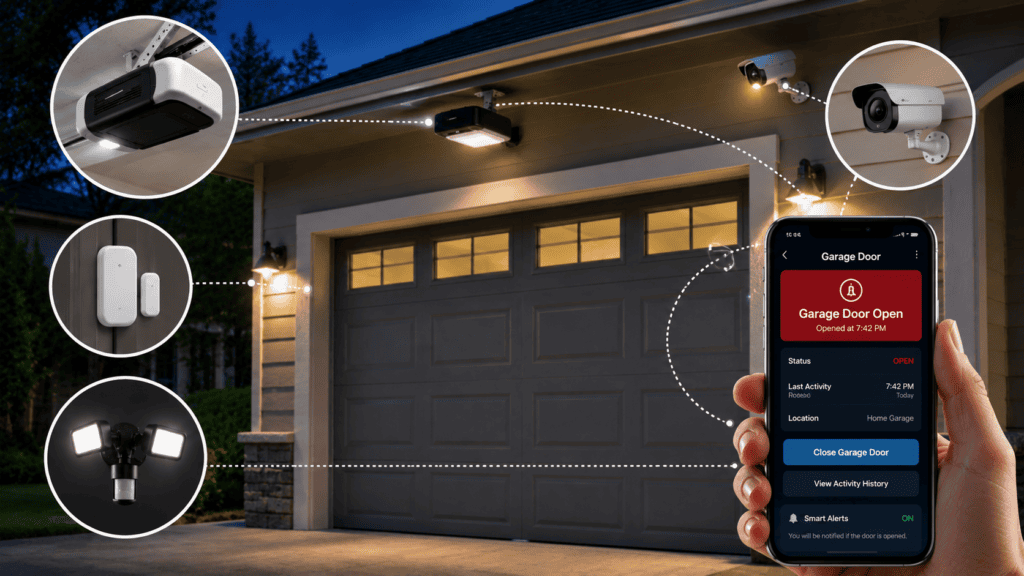 How to secure garage door with a smart garage opener, security camera, sensor, and lighting